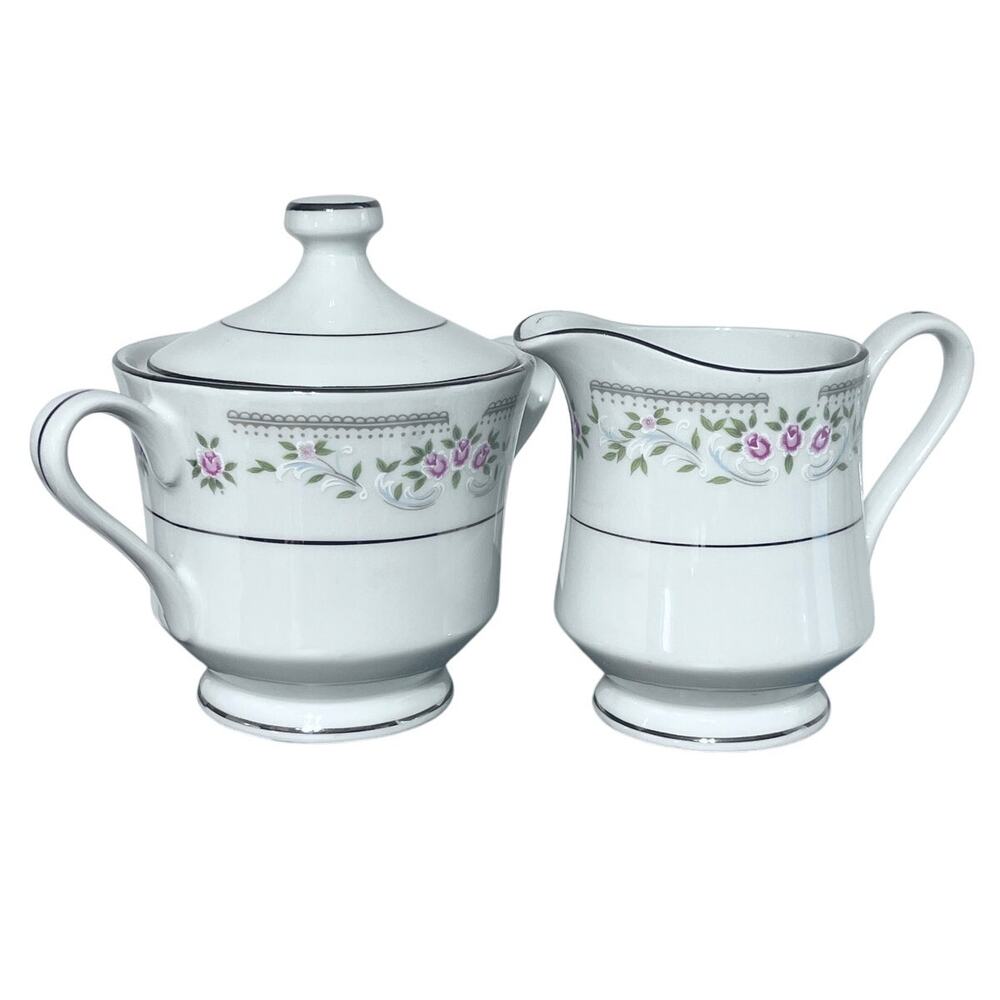 Elegance Japan Fine China Creamer & Sugar Bowl with Lid Silver Trim Floral VTG